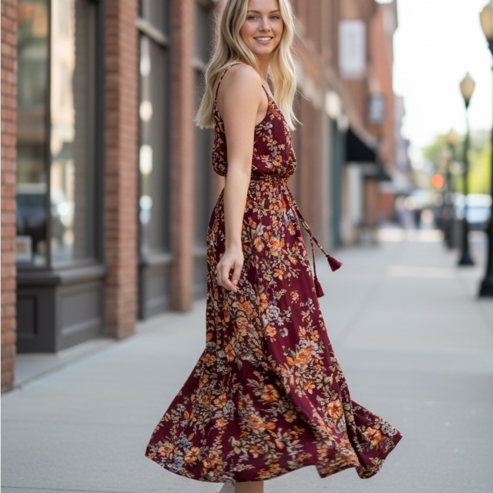 Mlle Gabrielle Burgundy and Orange Floral Maxi Dress•2X